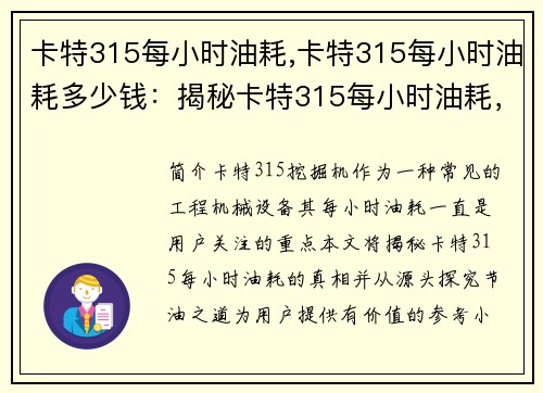 卡特315每小时油耗,卡特315每小时油耗多少钱：揭秘卡特315每小时油耗，从源头探究节油之道