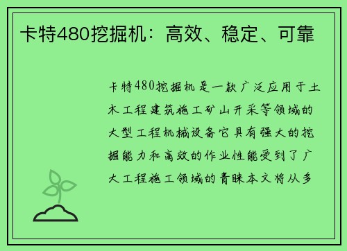 卡特480挖掘机：高效、稳定、可靠